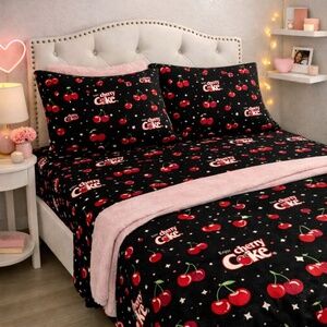 Cherry Coke Twin Sheet Set 4-Piece Black Cherries Y2K Dorm Bedding Alt Coquette